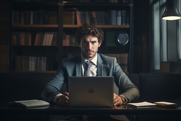 businessman with laptop sitting on the table in an office
