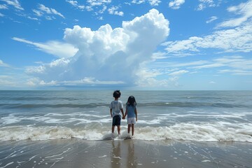 two children holding hands stand on a seascape with a wide horizon