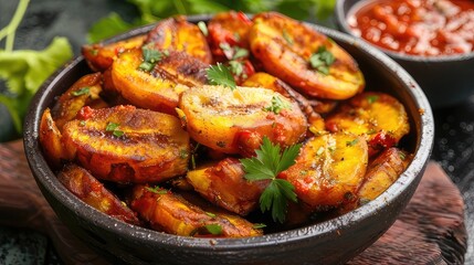 Savory Delight Ripe Fried African Plantain, a Staple in Nigeria and West Africa, Served with Sauce or as Side Dish
