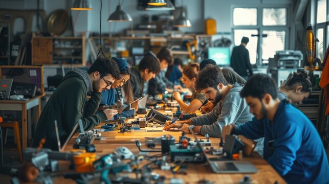 Young engineering students collaborate on an electronics project in a technology lab, soldering circuit boards and sharing ideas. AIG41