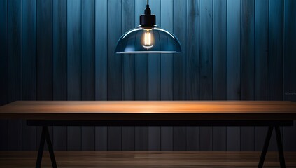 a table with a light hanging over it