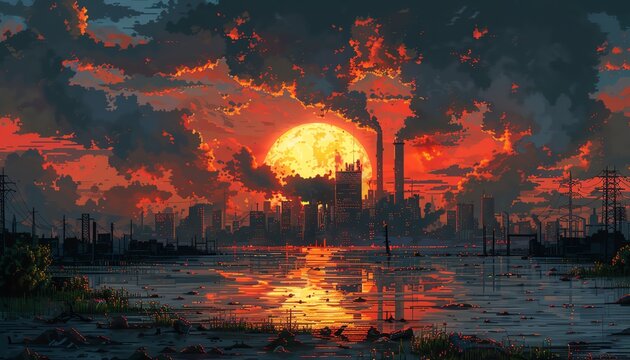 Illustrate the urgency of climate change through a pixel art masterpiece with a dynamic low-angle perspective Utilize a bold color palette to evoke emotion and convey a strong message