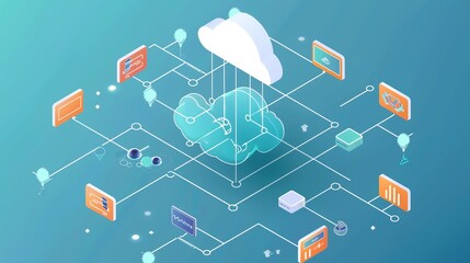 a flat design of a cloud with a computer screen and other electronic devices surrounding it on a blue background..