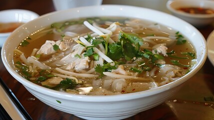 Chicken Pho: Traditional Vietnamese chicken pho with rice noodles, tender chicken slices, and aromatic herbs.