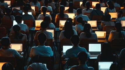 A classroom filled with students seated in rows, their faces illuminated by the glow of laptop screens