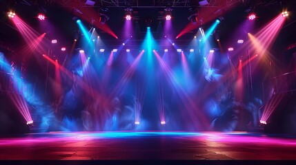 Concert Stage: Vibrant lights illuminating a dynamic stage set for an electrifying performance.