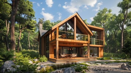 Cozy Dual-Level Abode: A snug timber dwelling featuring two floors of comfortable living space.