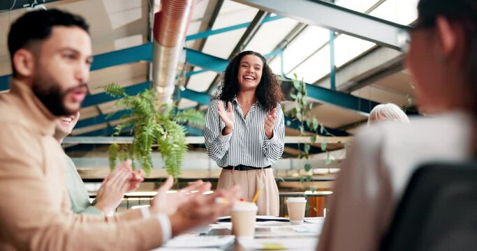 Teamwork, presentation and business people applause in meeting with success, victory and achievement. Creative startup, collaboration and men and women for good news, bonus and winning in restaurant