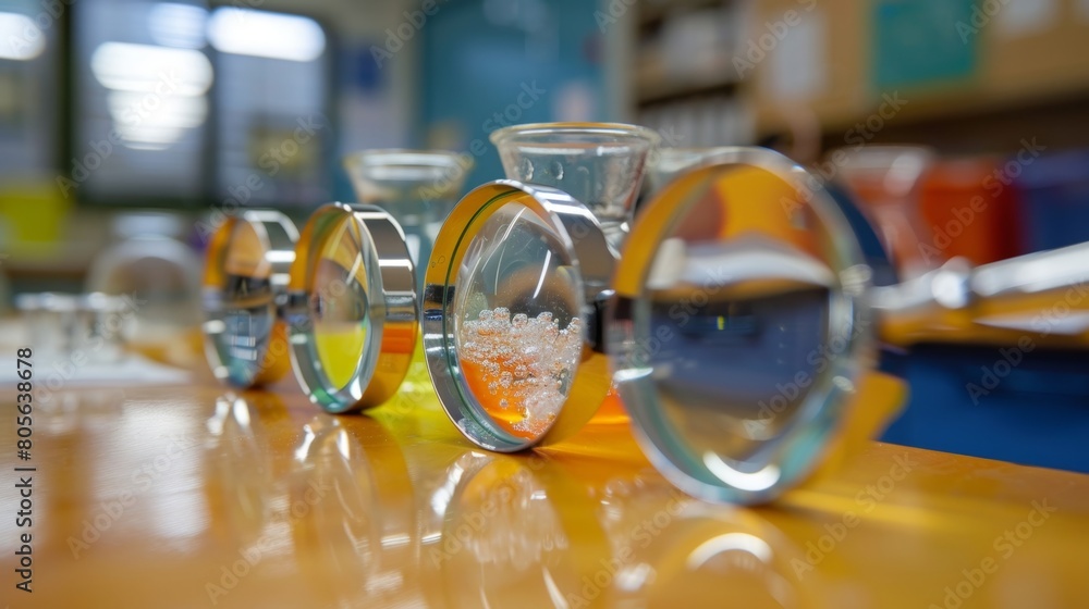 Poster a set of magnifying glasses to study particles up close and learn more about their properties.