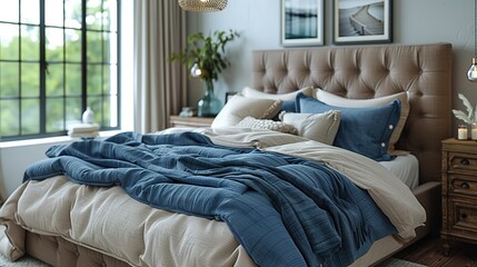 Bed with blue and beige bedding. Boho, farmhouse interior design of modern bedroom.