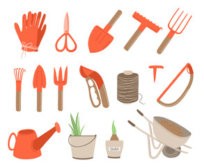 Gardening tools, equipments set in hand drawn style. Watering can, gloves, pruner, scissors, hedge, shears, fork, rake, wheelbarrow. Trendy doodle style. Flat vector illustration isolated