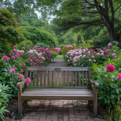 Fototapeta premium Serene Peony Garden with Welcoming Bench Pathway