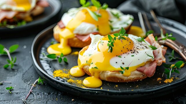 Egg Benedict: Classic eggs Benedict dish with poached eggs, Canadian bacon, and hollandaise sauce on an English muffin.