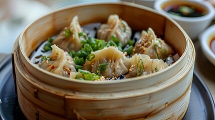 Exquisite Dumplings: Artfully crafted Chinese dumplings served with a side of flavorful dipping sauce, a gourmet experience.