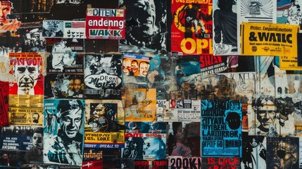 A collage of campaign posters on a city wall, with slogans and symbols representing different political ideologies