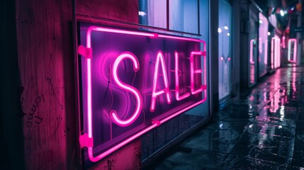 A neon sign with the word Sale written in pink letters. The sign is lit up and is hanging from the ceiling