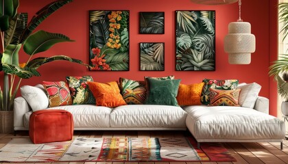 A 3D Mockup frame in a classic boho sofa interior adds an artistic flair to the colorful and vibrant cushions, 3D render sharpen