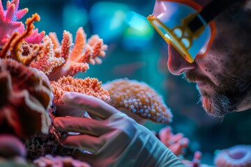 A charismatic closeup portrait of a marine biologist examining coral specimens, half body colorful strange bizarre sharpen blur background with copy space