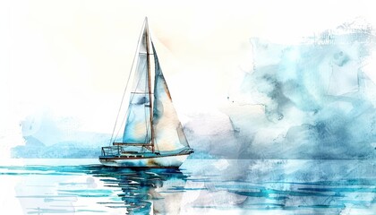 A watercolor painting of a minimalistic sailboat drifting on a serene sea, Clipart isolated on white background