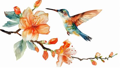 A watercolor painting of a cute hummingbird hovering near a bloom, Clipart isolated on white background