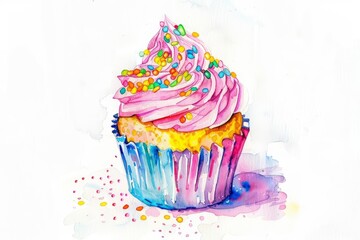 A watercolor painting of a kawaii cupcake topped with rainbow sprinkles, Clipart isolated on white background
