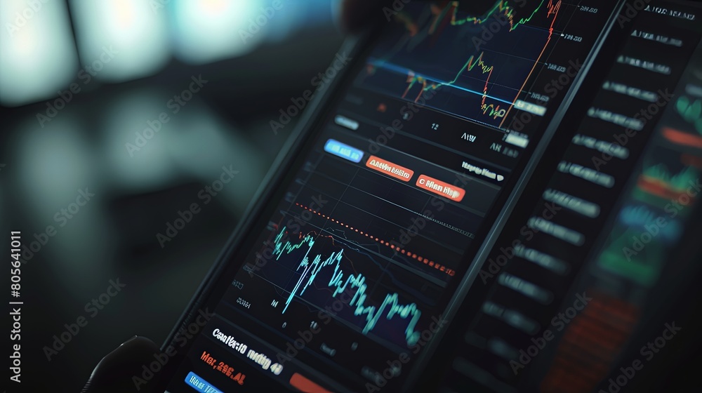 Aufkleber modern trading platform: close-up of a mobile screen showing stock charts and trading options for in