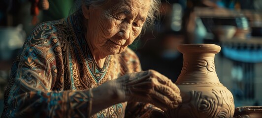 An elderly potter sculpts a clay vase with skilled hands