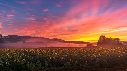 A breathtaking sunrise over sunflower fields in the South of France