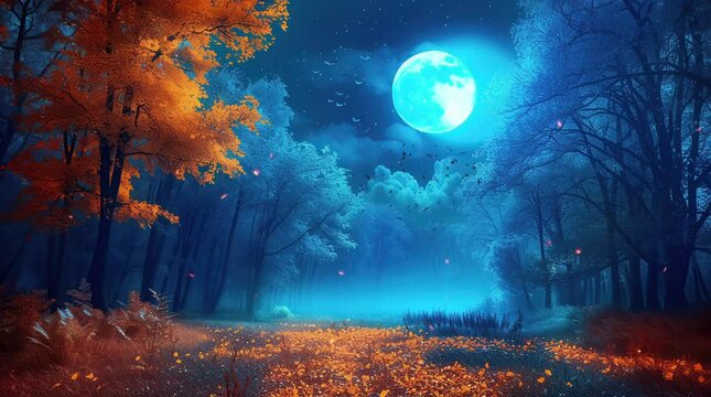 Enchanting fantasy landscape under the autumn night sky, where magic meets the glow of falling leaves
Seamless looping 4k time-lapse virtual video animation background. Generated AI