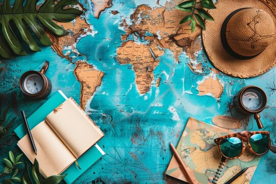 Featuring a creative flat lay template of world maps and travel journals, it encourages wanderlust and global exploration, with solid background and copy space on center