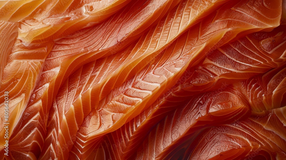 Poster salmon artistry: thinly sliced salmon arranged in a delicate and artistic pattern.