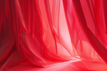 Red curtains drape smoothly as part of a pastel tone geometric design, creating a dramatic yet subtle theatrical effect, Sharpen 3d rendering background