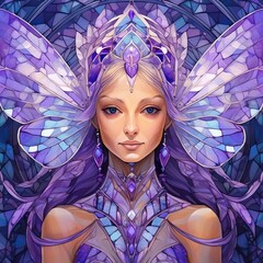 Portrait of Magical Young Female Fairy in Stained Glass Mosaic of Violet Shades and Tones. Surreal Young Beauty. Mystical Fairy Tale Illustration.