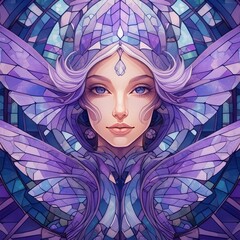 Portrait of Magical Young Female Fairy in Stained Glass Mosaic of Violet Shades and Tones. Surreal Young Beauty. Mystical Fairy Tale Illustration.