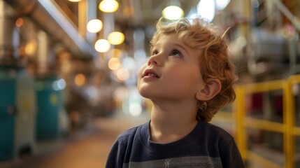 A young child looks up in awe at the towering machinery used to study particles their curiosity sparked by a tour of the facility.