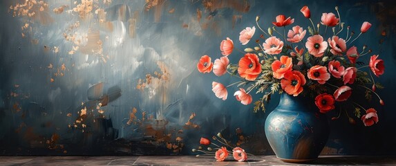 A beautiful painting of flowers in an old blue vase hangs on the wall