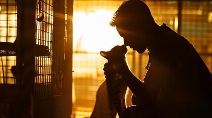 Silhouette of a veterinarian caring for animals in a shelter