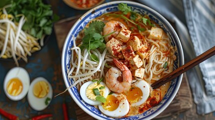 Spicy Laksa Noodles: Creamy and spicy laksa noodle soup with shrimp, tofu, bean sprouts, and hard-boiled eggs.