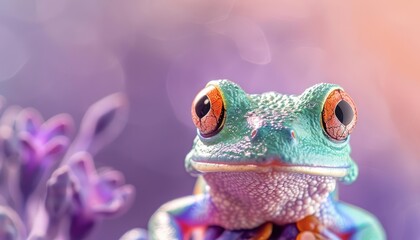 The image captures a closeup halfbody of a charismatic amphibian as a yoga instructor