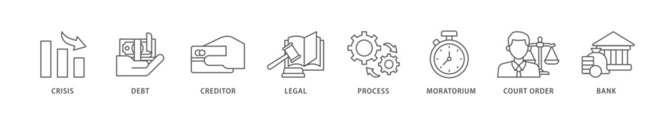 Bankruptcy icon packs for your design digital and printing of bank ,court order, legal, moratorium, process, creditor, debt, crisis icon live stroke and easy to edit 