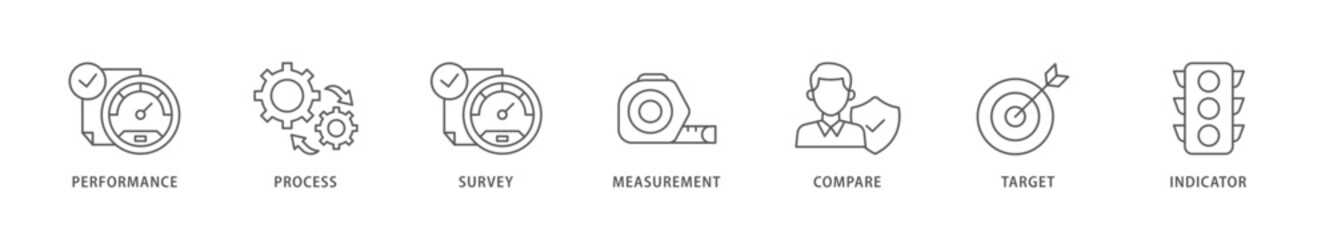 Benchmarking icon packs for your design digital and printing of performance, process, survey, measurement, compare, target, and indicator icon live stroke and easy to edit 