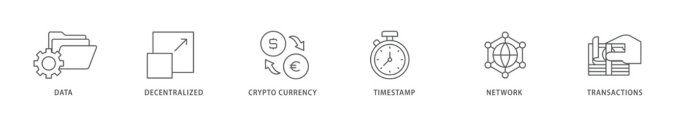 Blockchain icon packs for your design digital and printing of data, decentralized, crypto currency, timestamp, network and transactions icon live stroke and easy to edit 