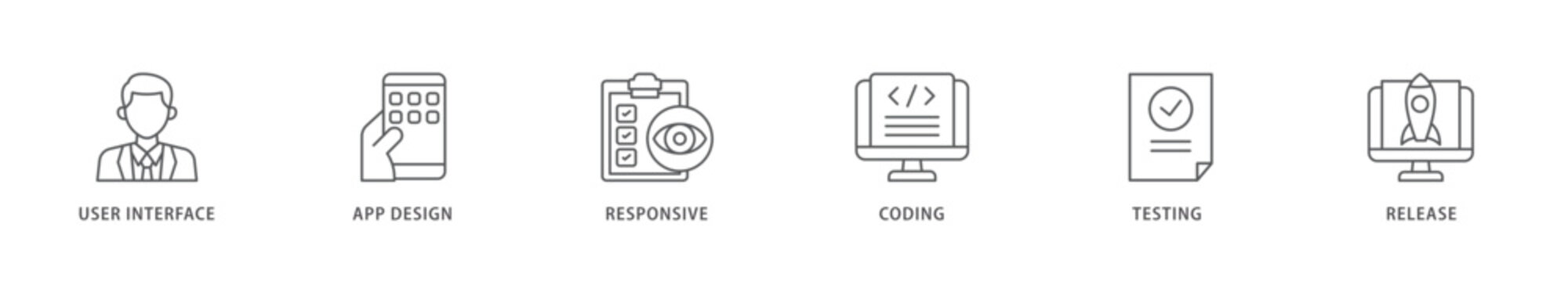 App development icon packs for your design digital and printing of coding, release, testing, responsive, app design, user interface icon live stroke and easy to edit 