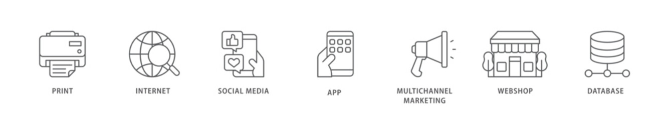 Cross media icon packs for your design digital and printing of print, internet, social media, app, multichannel marketing, webshop and database icon live stroke and easy to edit 