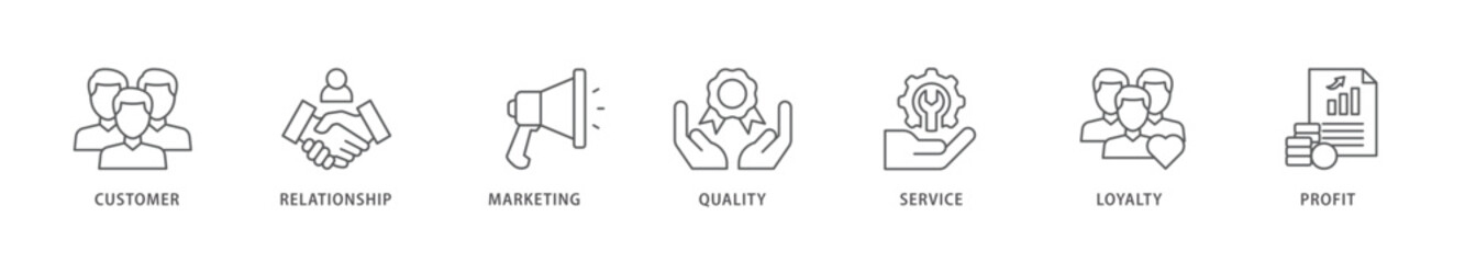 Customer relationship icon packs for your design digital and printing of customer, relationship, marketing, quality, service, loyalty and profit icon live stroke and easy to edit 