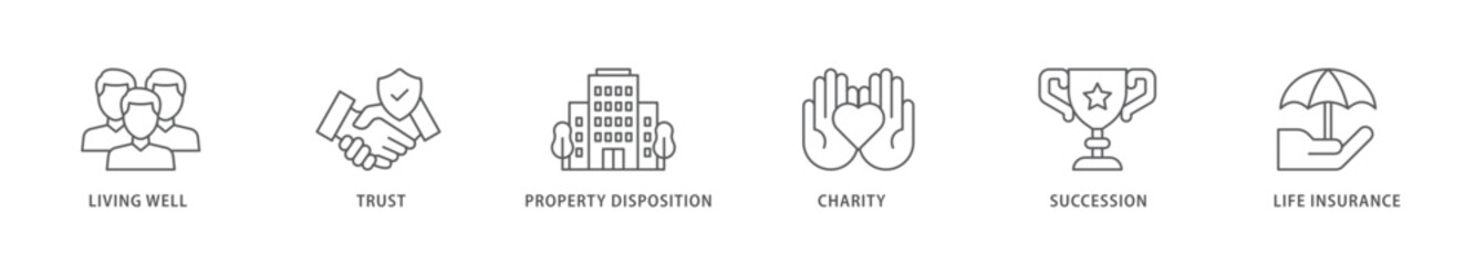 Fototapeta premium Estate planning icon packs for your design digital and printing of living well, trust, property disposition, charity, succession, life insurance icon live stroke and easy to edit 