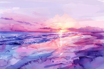 The serene beach depicted in a cute cyber minimal charismatic watercolor painting displayed an exotic