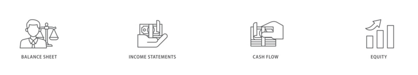 Financial statements icon packs for your design digital and printing of graph, balance sheet, pie chart, income statements, money, calculator, income, earningicon live stroke and easy to edit 