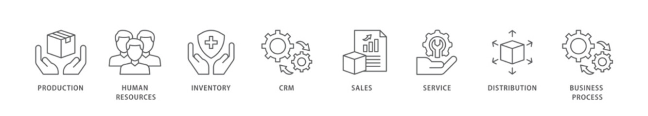 Enterprise resource planning icon packs for your design digital and printing of production, human resources, inventory, crm, sales, service icon live stroke and easy to edit 