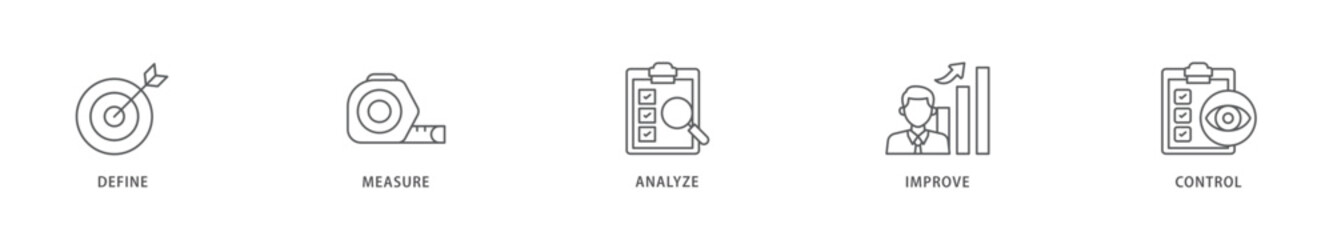 Lean six sigma icon packs for your design digital and printing of define, measure, analyze, improve, and control icon live stroke and easy to edit 